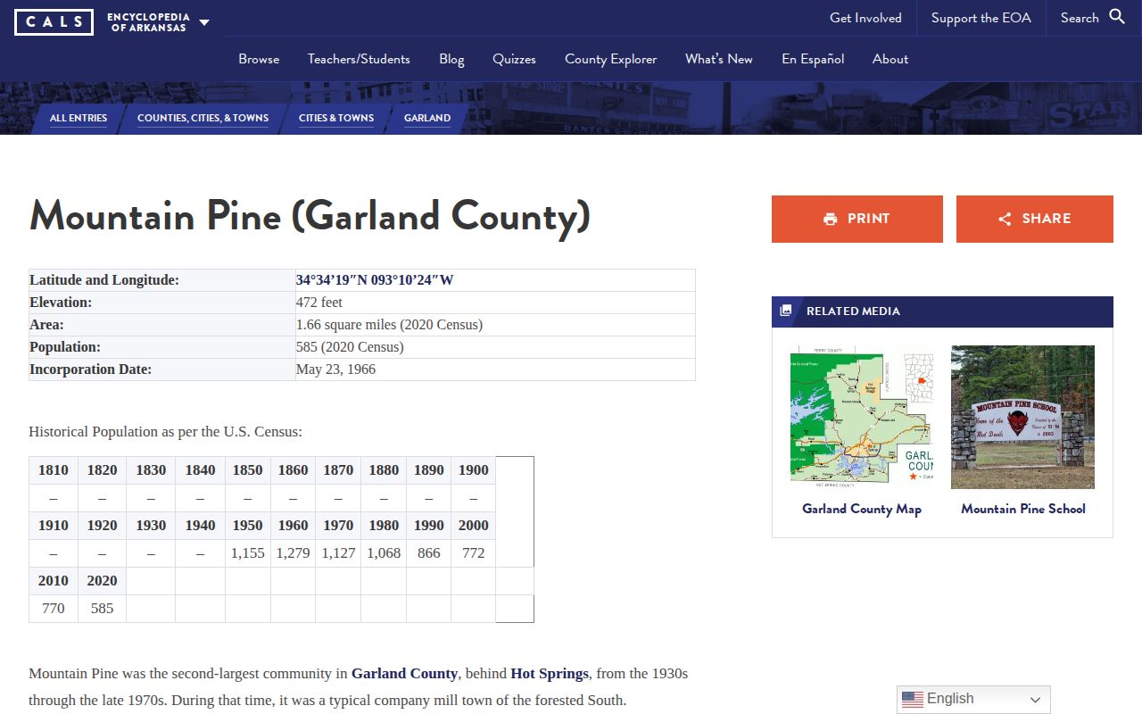 Encyclopedia of Arkansas reference page for Mountain Pine
