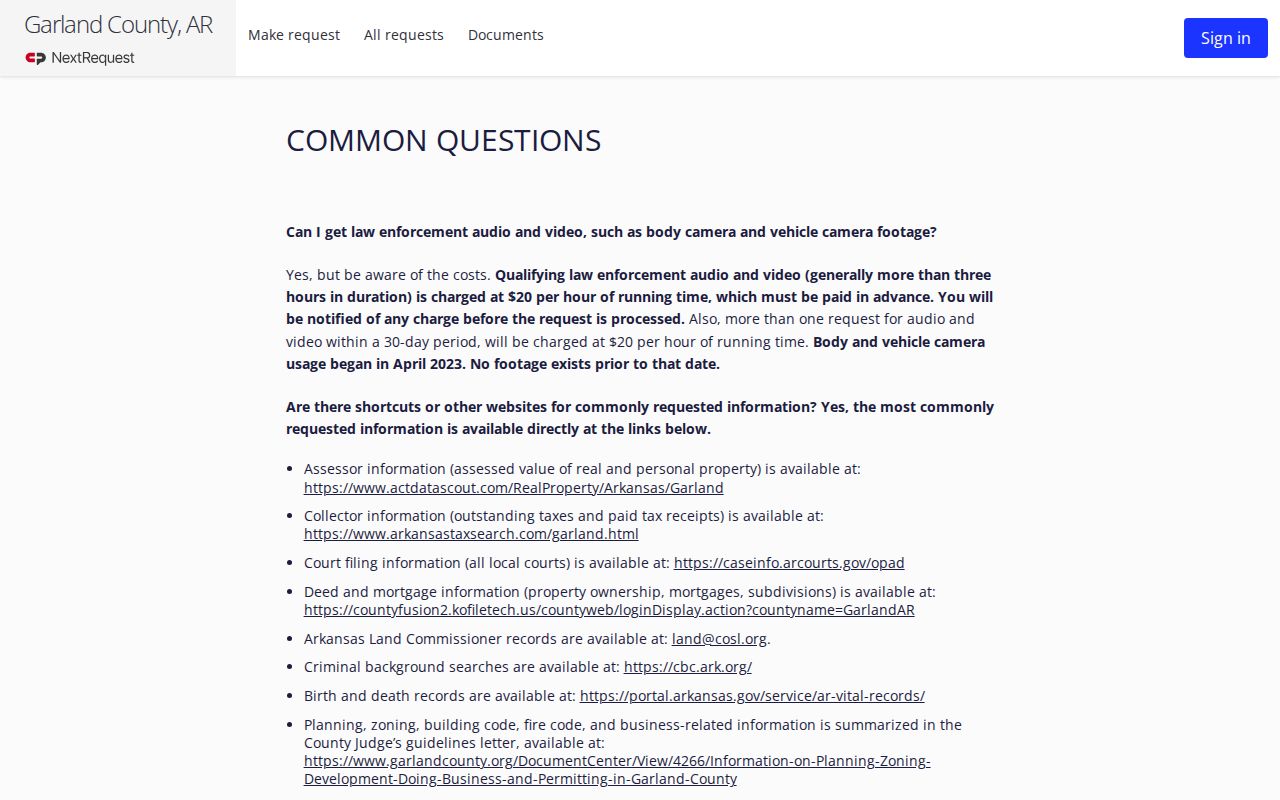 Garland County arrest record request FAQ