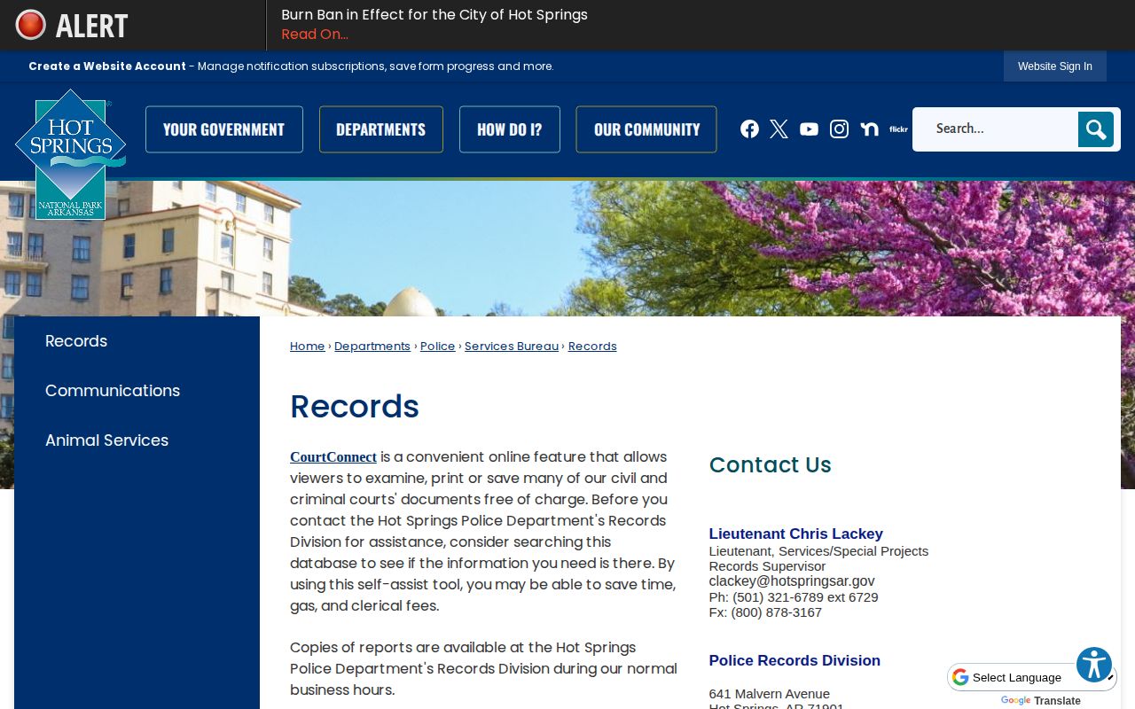 Hot Springs Police Records Division webpage