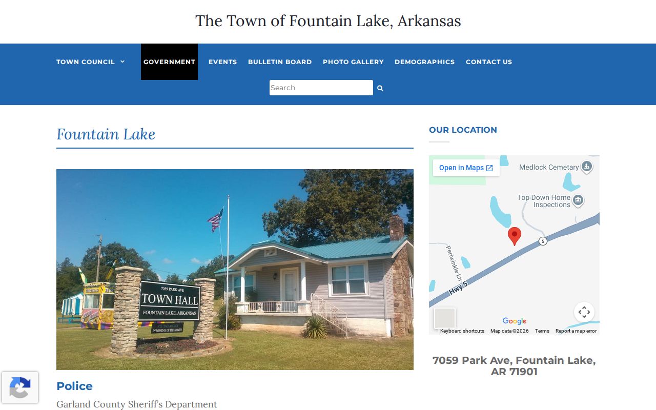 Official Fountain Lake town webpage stating Garland County sheriff police service
